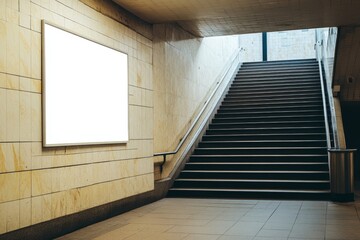 Blank billboard on subway wall near stairs.