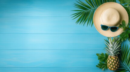 Tropical vibes with pineapples and palm leaves summer picnic beachside imagery relaxing atmosphere