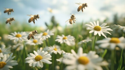 Obraz premium Bees buzzing around daisies in a lush meadow, a dynamic scene of life and nature's harmony