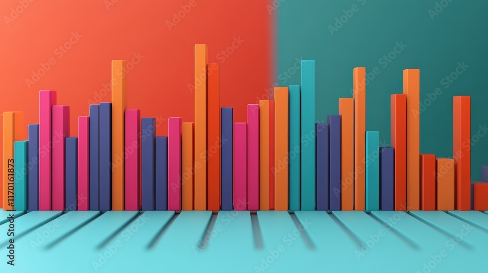 Poster vibrant colorful bar chart on red background, data visualization and analysis colorful