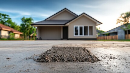 Close-Up View of Freshly Leveling Pin Concrete with Newly Built House in Soft Focus, Surrounded by Lush Green Trees and Clear Sky, Outside in Suburban Neighborhood