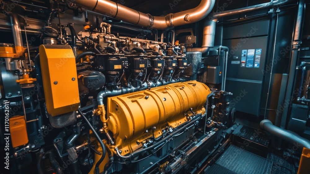 Poster a detailed view of a large industrial engine showcasing its components and machinery.