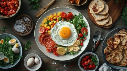 Fototapeta premium A selection of fresh ingredients for a delicious and healthy breakfast, including eggs, vegetables, bread, salsa, and more.