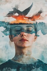 Abstract art of a woman meditating with nature around her mind.
