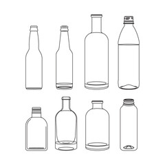 Vector line drawing of various shapes and sizes of bottles.