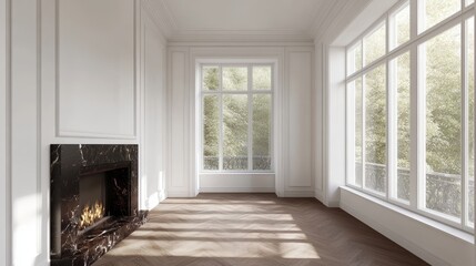 Fototapeta premium Modern luxury stylish apartment interior in pastel colors a very bright room with huge windows filled with daylight white walls wooden parquet floors and a dark marble fireplace