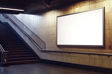 Blank billboard mockup in subway station with stairs.