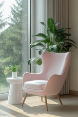 Fashionable chair with curved back and wooden legs, set against a bright window view of outdoors.