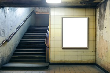 Blank billboard mockup in a grunge stairwell.