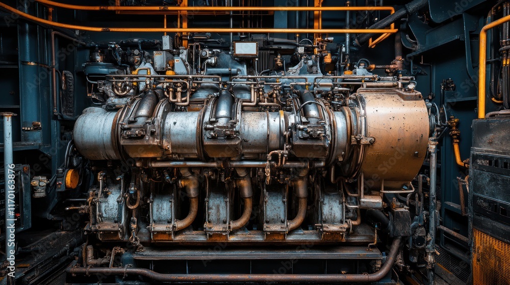 Poster A detailed view of a large industrial engine with intricate piping and mechanical components.