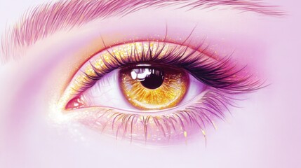 A beautiful eye with golden highlights surrounded by soft lashes on a muted lavender background