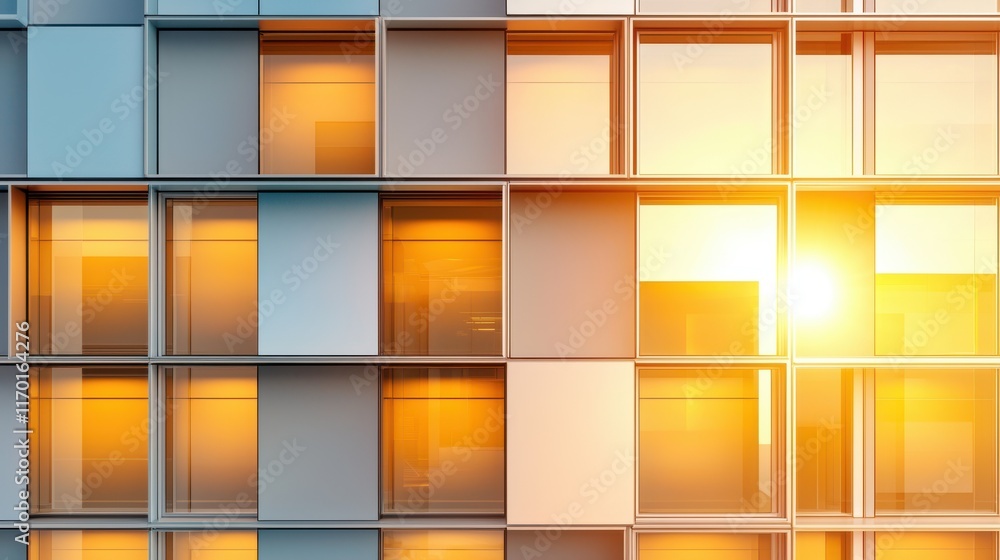 Poster A facade of a modern building showcasing repetitive geometric architectural patterns in golden light.