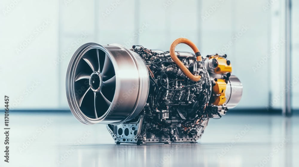 Poster a detailed view of a modern aircraft engine showcasing engineering and design.
