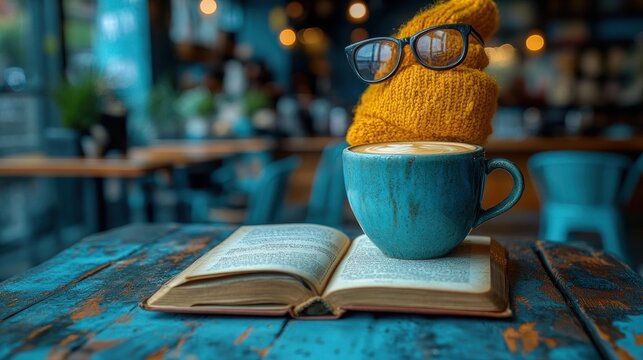 Cozy autumn cappuccino in teal mug atop open book on rustic wooden table in cafe.