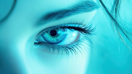 Fototapeta premium A captivating blue eye with dark outer edges on a gradient blue-to-green background