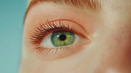 Obraz premium A captivating green eye framed with natural lashes on a muted blue background
