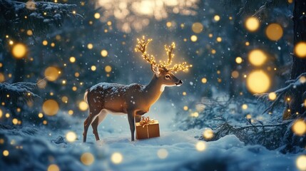 Majestic deer with Christmas lights and gift in snowy forest.