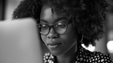 Woman wearing glasses is looking at a laptop. She is wearing a black and white polka dot dress