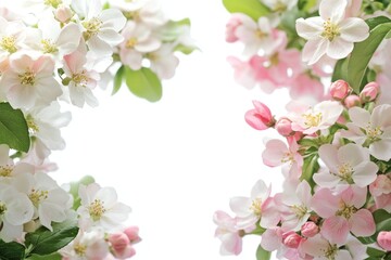 Obraz premium White and pink apple blossoms frame on white background.