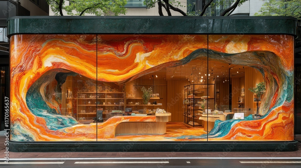 Poster colorful storefront with artistic design and display.