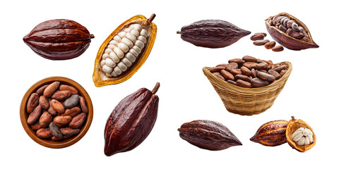 Raw Cocoa Pods and Beans Displayed on Transparent Background