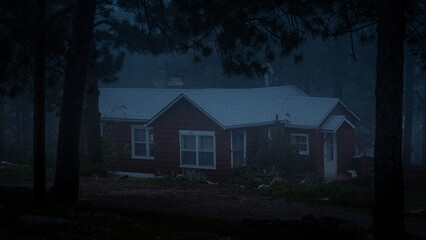 Cottage in a foggy forest