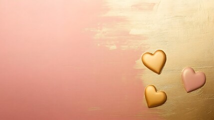 Pink and Gold Hearts on Painted Wooden Background