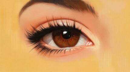 Obraz premium A delicate brown eye with natural reflections on a pastel yellow background