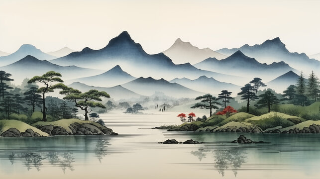 Landscape of lake and mountains with Chinee painting style.