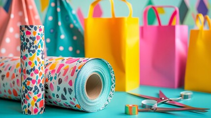 Colorful Wrapping Paper and Gift Bags on a Vibrant Work Surface