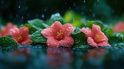 Rain-soaked coral hibiscus flowers with reflection.