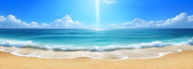 A wide expanse of a serene golden beach with soft waves lapping at the shore, stretching out beneath a clear blue sky