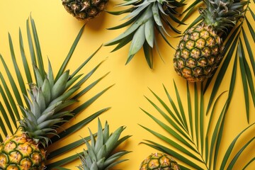 Tropical summer flat lay with pineapples and palm leaves.