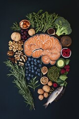 A selection of healthy foods forming a heart shape, representing the human heart's love for nutritious items.