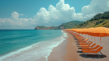 Idyllic beach scene with orange umbrellas and lounge chairs on a sandy shore under a bright blue sky.