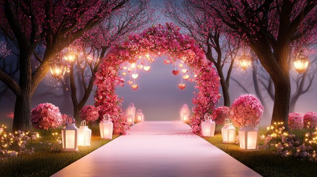 A Valentines Day garden backdrop with floral arches and lanterns hanging from trees.