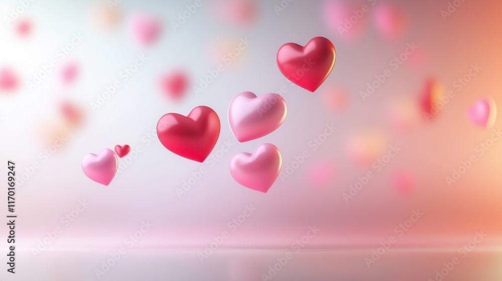 Poster a vibrant valentines day background with a gradient of red and pink hearts floating softly.