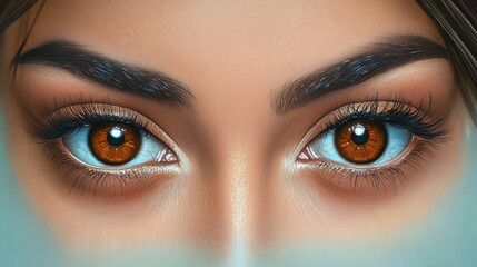 Fototapeta premium A pair of brown eyes glowing warmly on a soft mint background