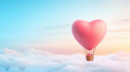 Fototapeta premium A vibrant Valentines Day illustration of a heart-shaped hot air balloon floating in the sky.