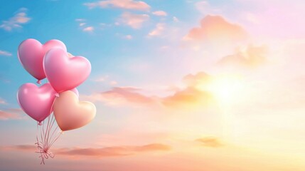 Fototapeta premium A vibrant Valentines vector featuring heart-shaped balloons floating in a bright sky.