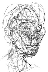 Black and white sketch, pencil drawing of a person's head in profile