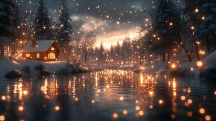 Fototapeta premium Magical winter cabin by a river at sunset, glowing lights, snowfall.