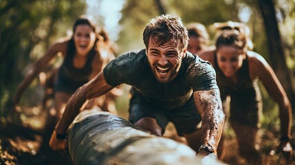 Enthusiastic Team Competing in Outdoor Obstacle Course Challenge