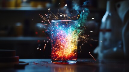 A glowing representation of a redox reaction emitting sparks and colorful chemical energy.