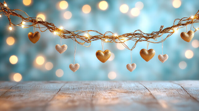 Gold and white hearts hanging on string lights over wooden table with bokeh background.