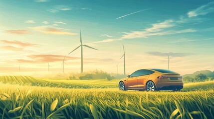 Electric car driving through a windmill field, renewable energy powering the journey