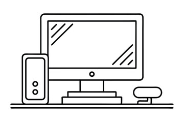 Desktop computer minimalist line art illustration.eps