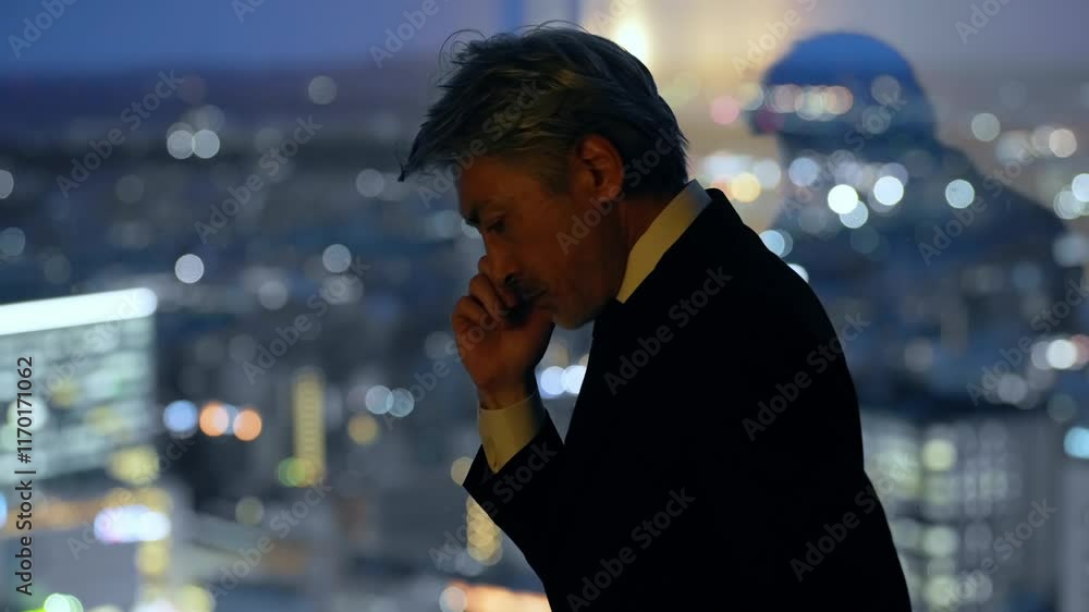 Poster ビジネス、悩み、夜景、トラブル、問題、残業、疲労、社長、経営者、シニア、ビジネスパーソン、ビジネスマン、上司、経営、マネジメント、企業、転職、引退、リタイア、ミドルエイジ、中高年、日本人、男性、オフィス、ロビー、ラウンジ、ホテル、展望、都市、社会、窓、見通し、予測、戦略、経済、不安、心配、落ち込む、ショック、憂鬱、ストレス、疲れ、過労、シルエット、課題、不祥事、責任、プレッシャー、人手不足、人物