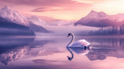 Naklejka premium Elegant swan landscape with mountains reflected in the lake, dramatic yet peaceful composition