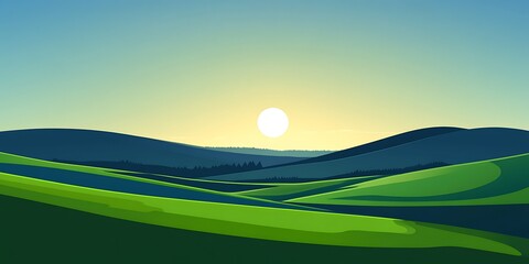 Obraz premium Sunset over rolling green hills and distant forest.